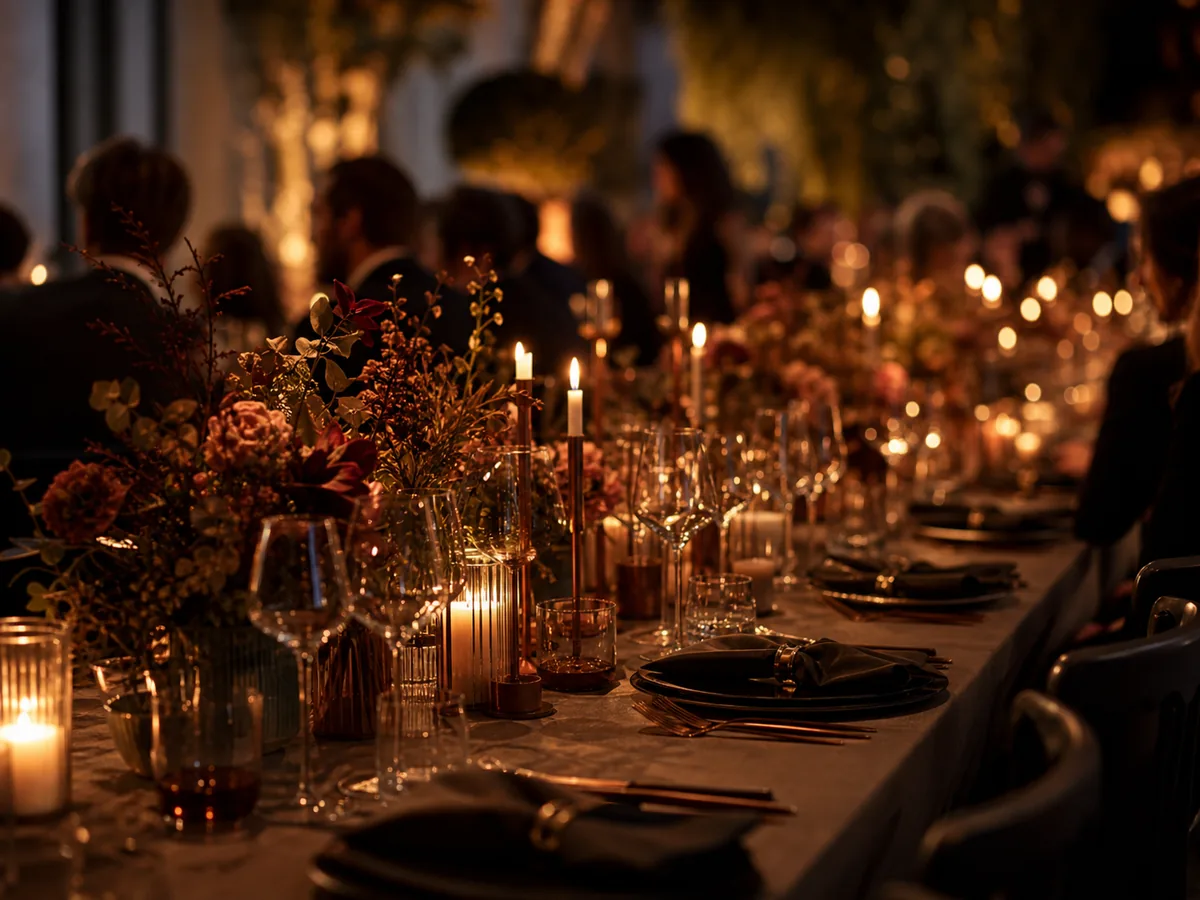 Warme Eventatmosphäre mit gedeckter Tafel und Raumwirkung